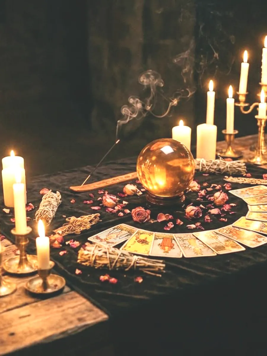 Autel de consultation éclairé aux bougies, boule de cristal ambrée et cartes de tarot disposées en arc
