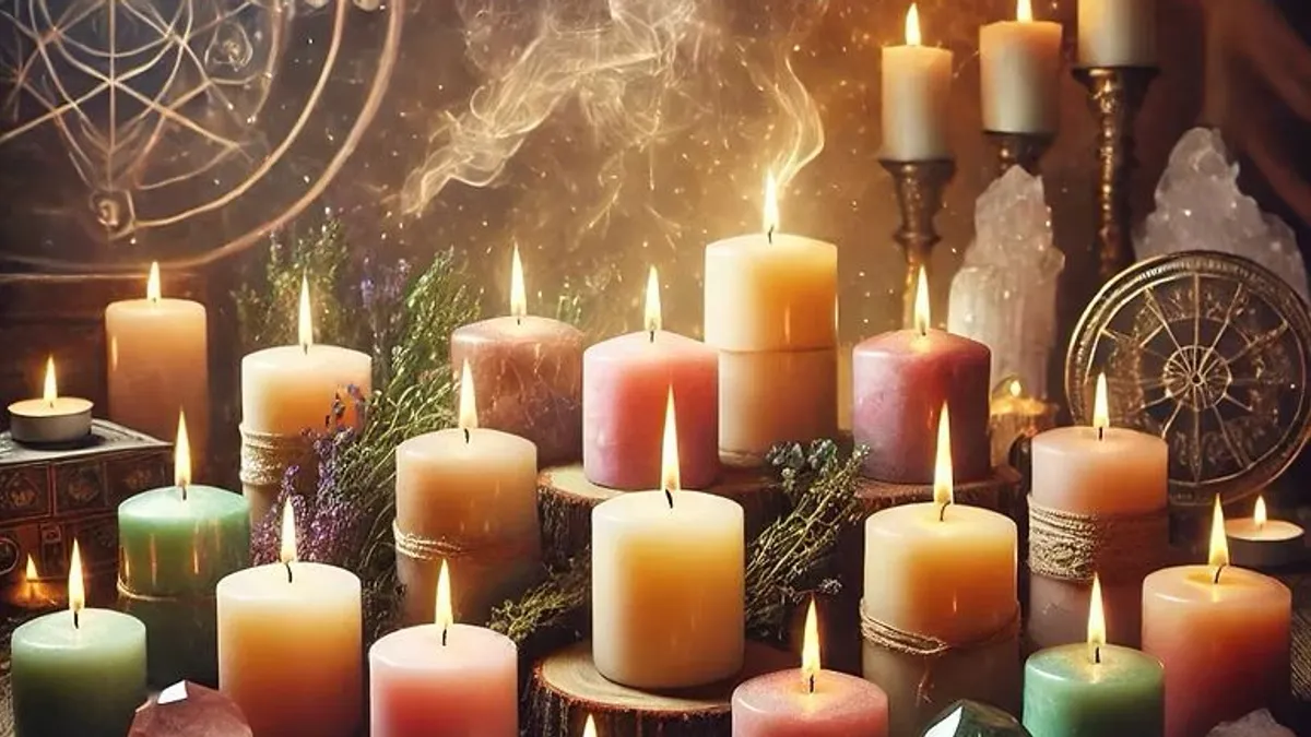 Bougies colorées, herbes séchées et cristaux disposés sur un plateau de bois