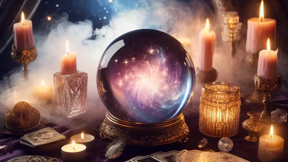 Bougies roses et boule de cristal aux reflets de galaxie sur un velours violet