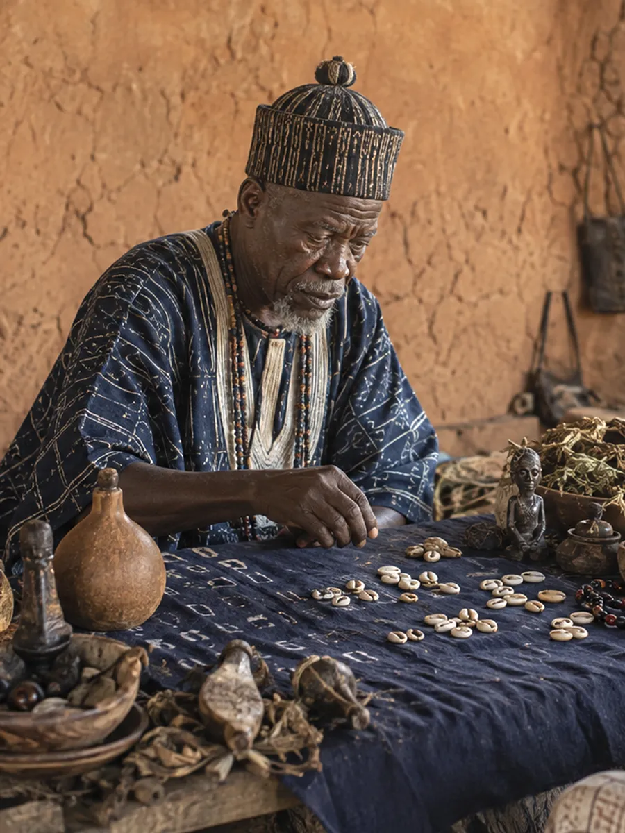 Marabout en boubou disposant des cauris sur une étoffe, statuettes et calebasses autour