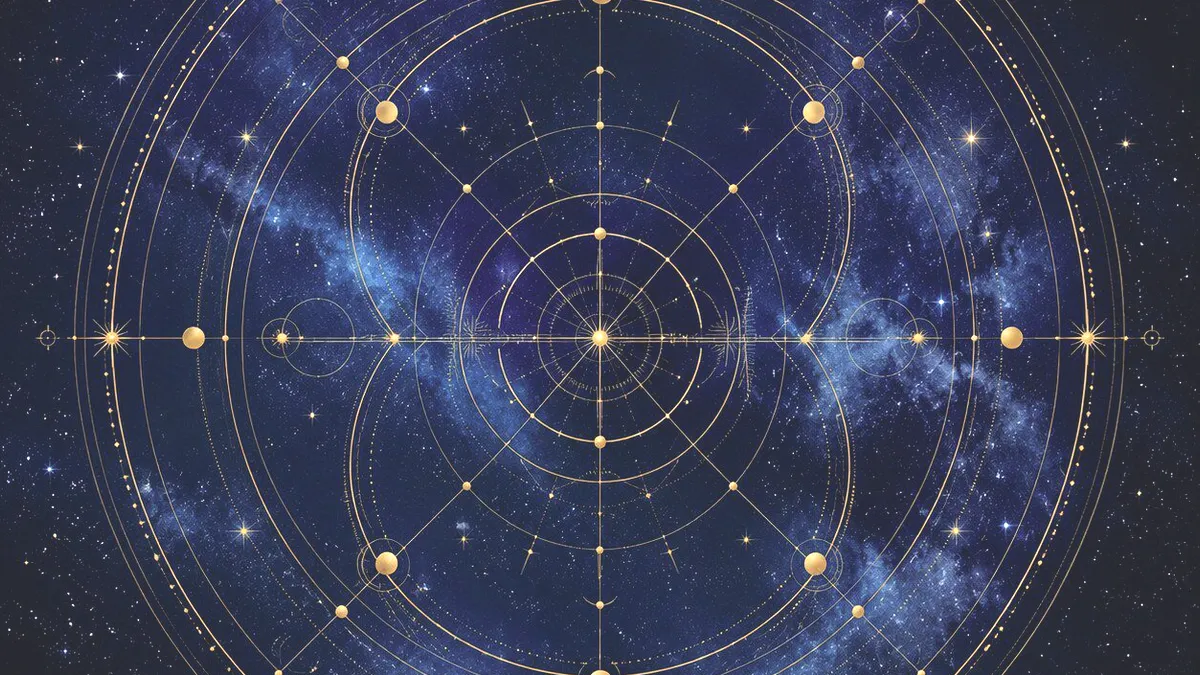 Cercle astral doré tracé sur un ciel étoilé