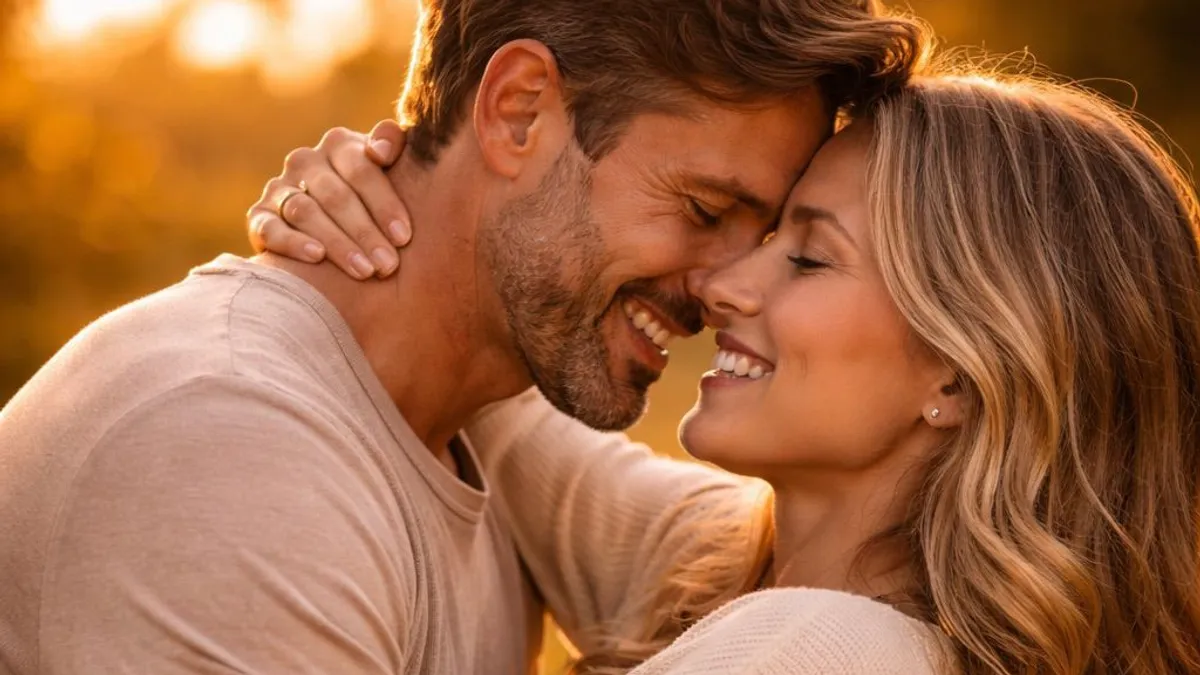 Un couple enlacé au coucher du soleil, entouré de roses et de bougies