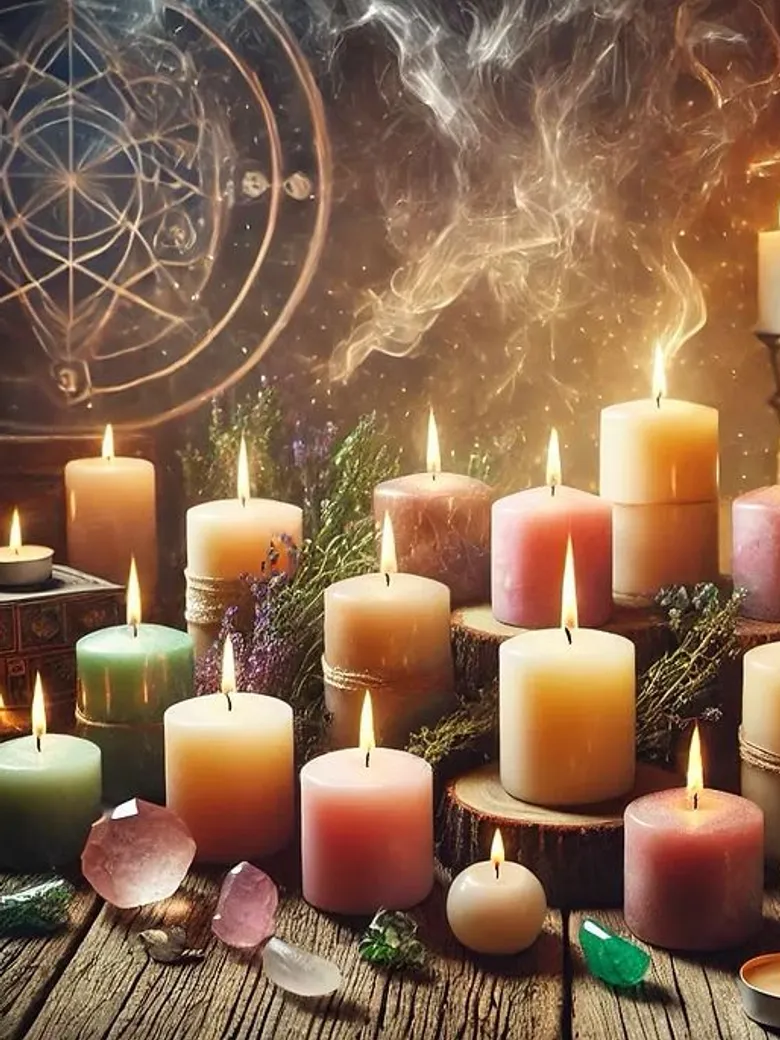 Bougies allumées, herbes séchées et cristaux posés sur un plateau de bois