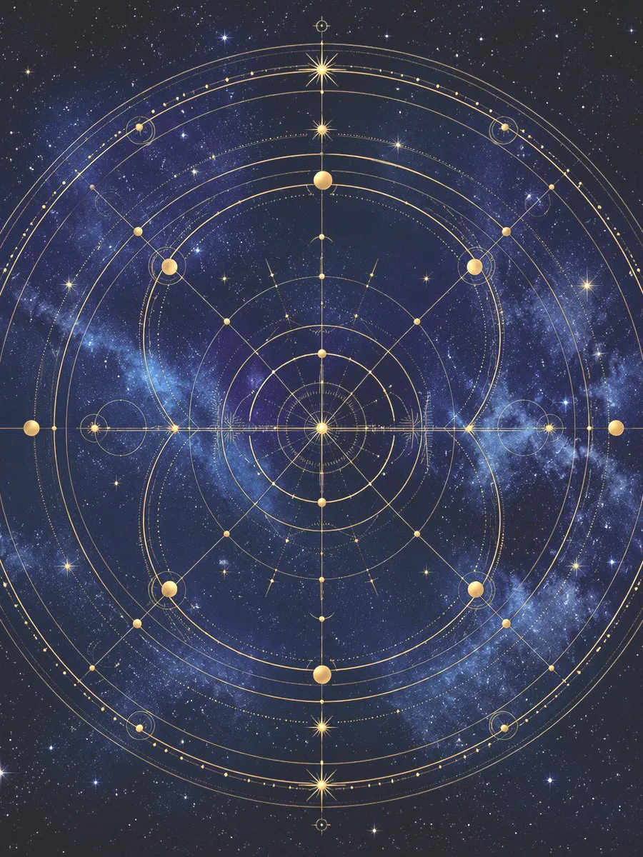 Cercle astral doré tracé sur un ciel étoilé