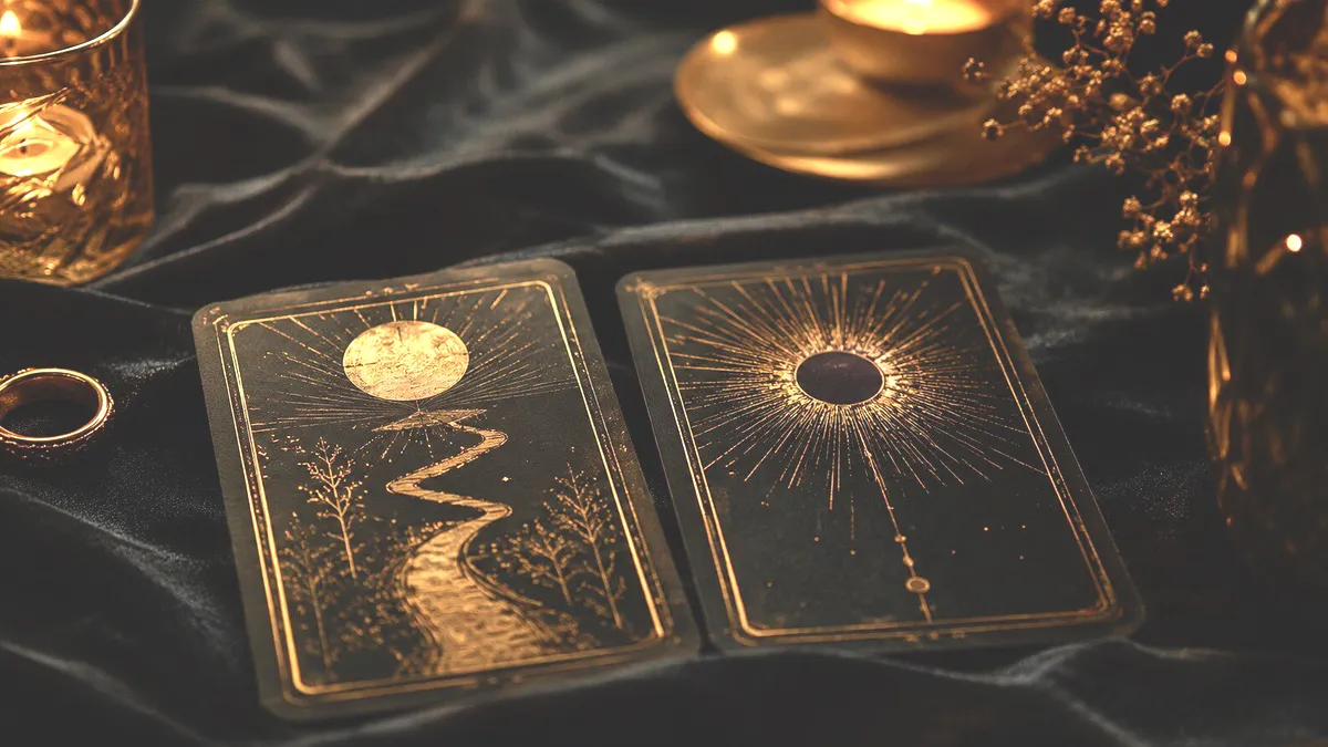 Deux cartes de tarot dorées posées sur un velours noir, à la lueur d’une bougie